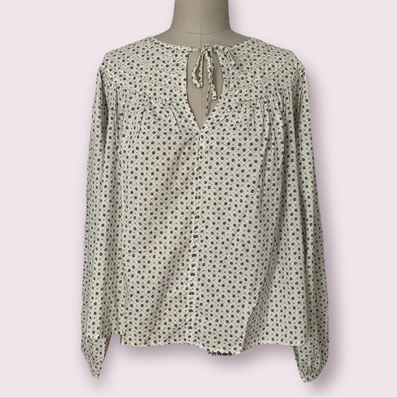 Universal Thread Cream Floral Balloon Sleeve Pullover Top Front Ties Size S - Picture 1 of 10